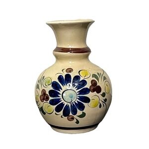 Vintage Mexican Pottery Vase 5" Tall Hand Painted Floral Folk Art Signed Mexico